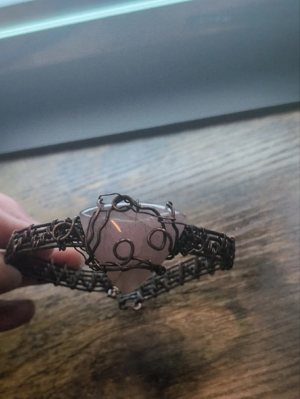 Handcrafted Rose Quartz Wire-Wrap Bracelet - Pink